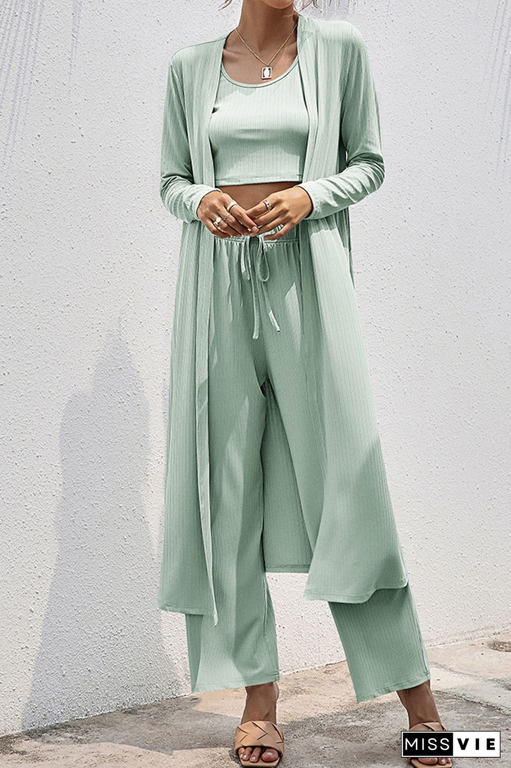 Crop Tank Top and Wide Leg Pants with Coat 3 PCS Set Wholesale