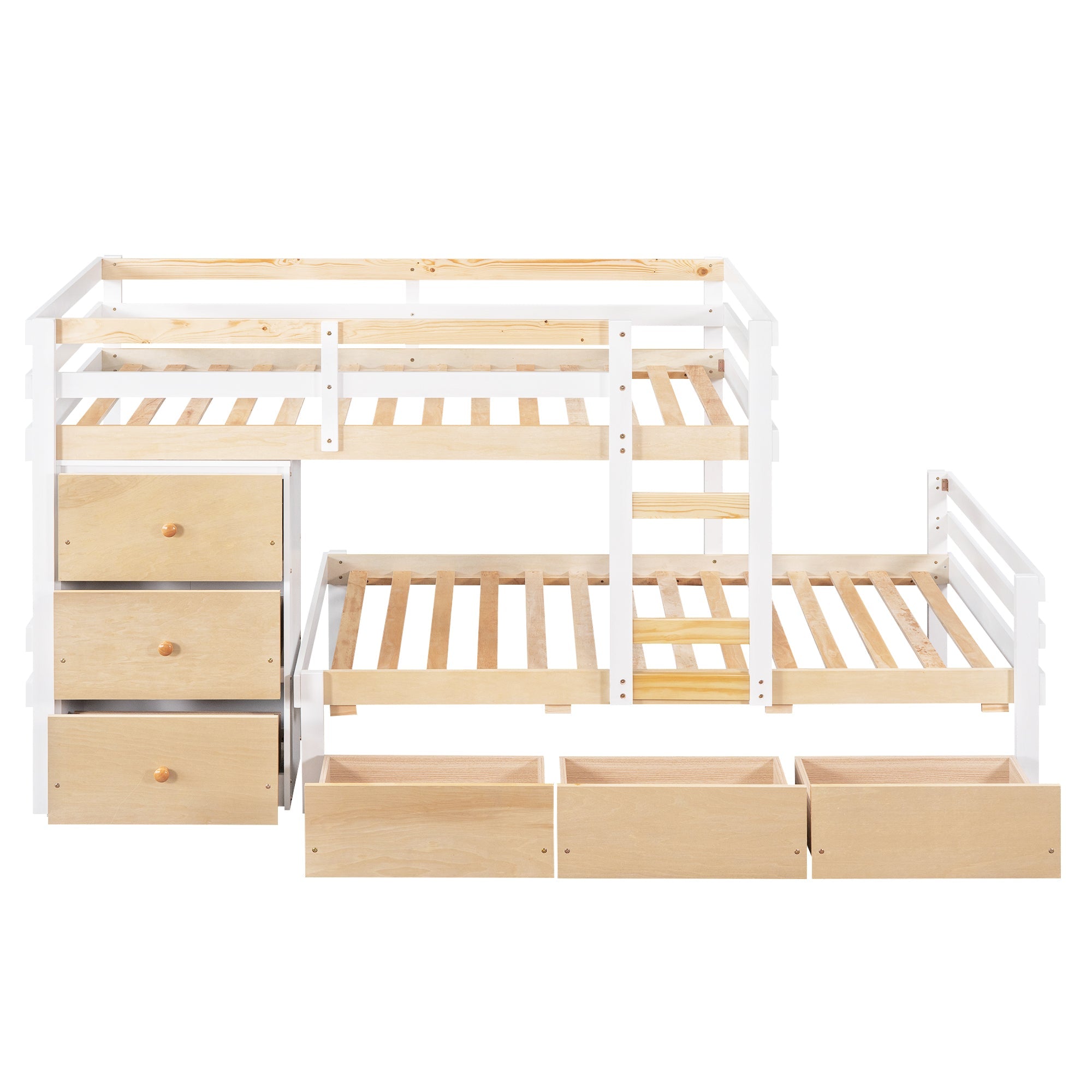 Twin over Twin Bunk Bed with Six Drawers for Kids Room, Natural