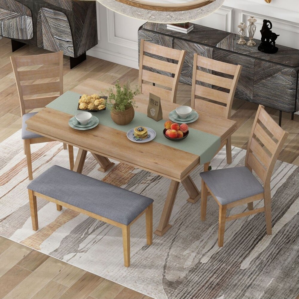 6 Piece Dining Table Set with Unique Legs and 4 Upholstered Chairs   1 Bench