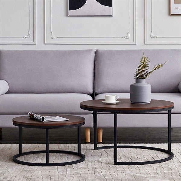 Modern Nesting coffee table， metal frame with walnut top