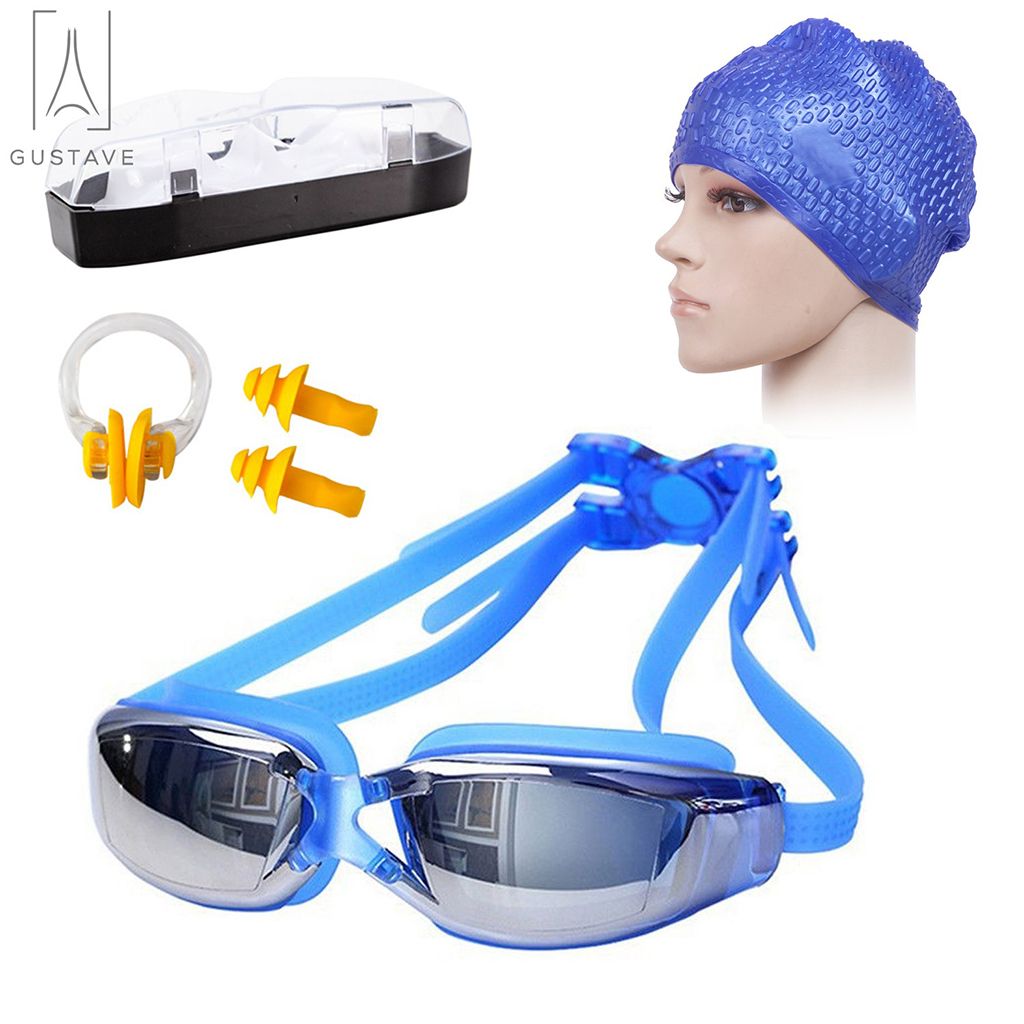 Gustavedesign Swimming Goggles and Cap, Silicone Swimming Bubble Cap Anti-slip + Anti-fog Swim Goggle Swimming Glasses Set for Adults Men Women Youth, Blue