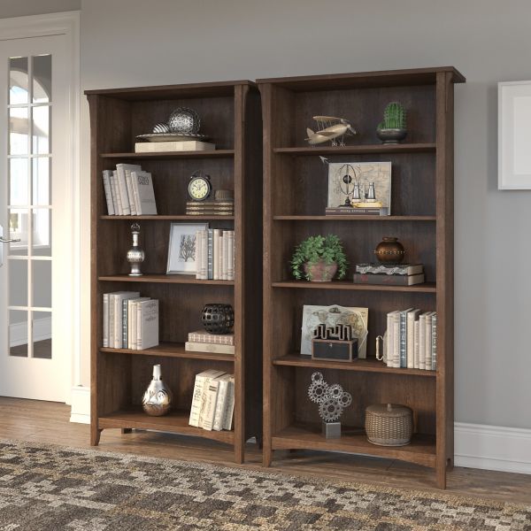 Bush Furniture Salinas Tall 5 Shelf Bookcase - Set of 2 in Ash Brown