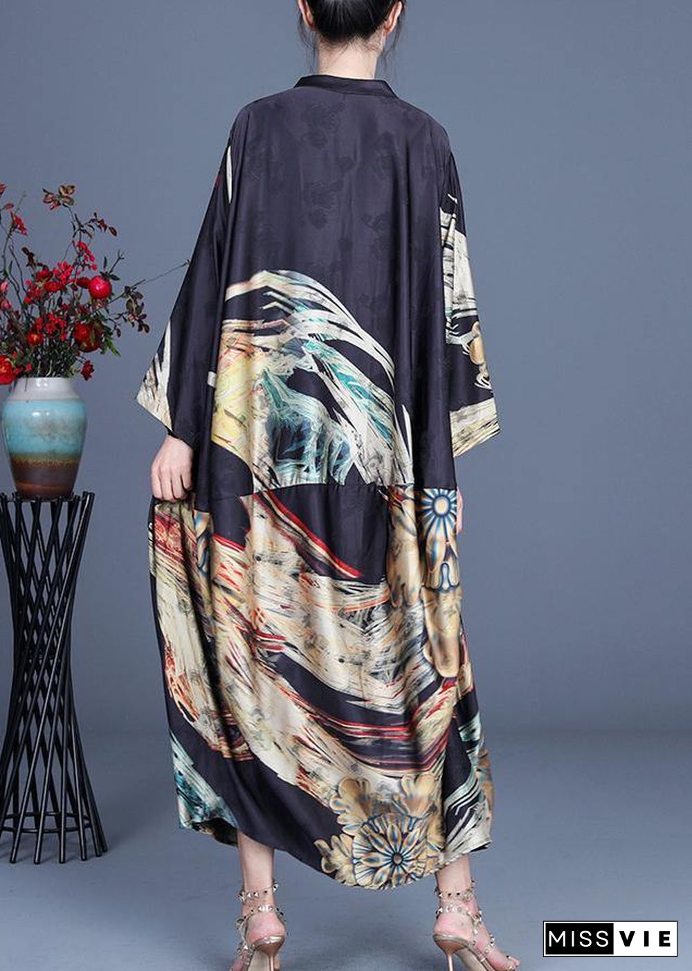 Italian Black Print Button Summer Spring Chiffon Dress