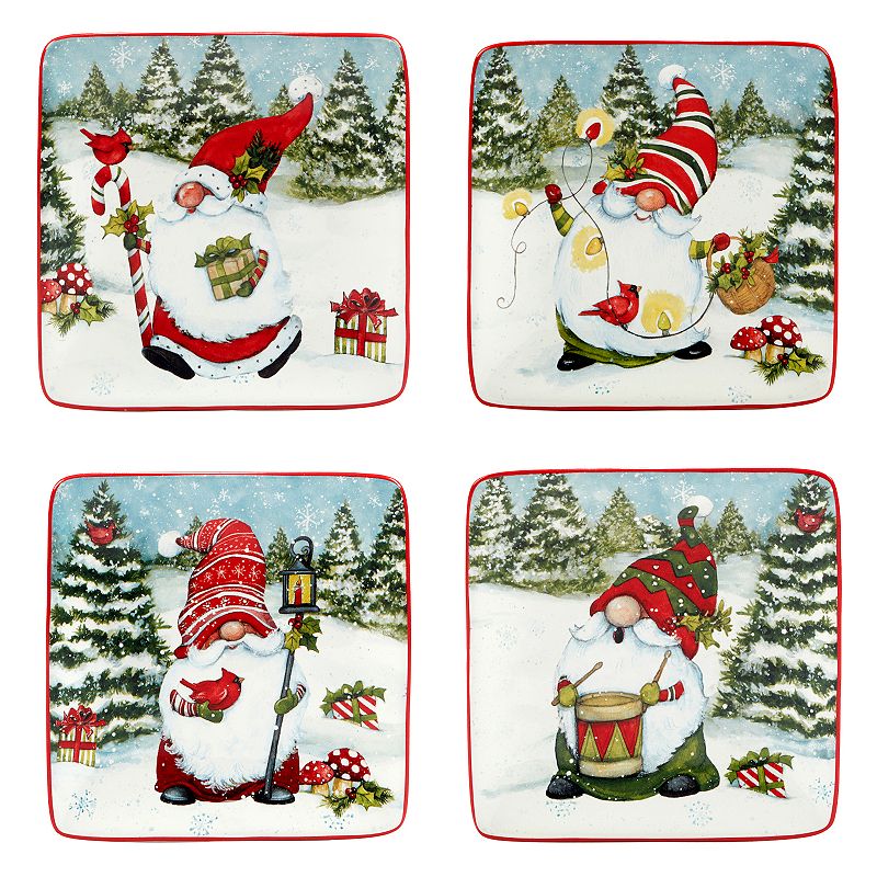 Certified International Set of 4 Christmas Gnomes Canape Plates