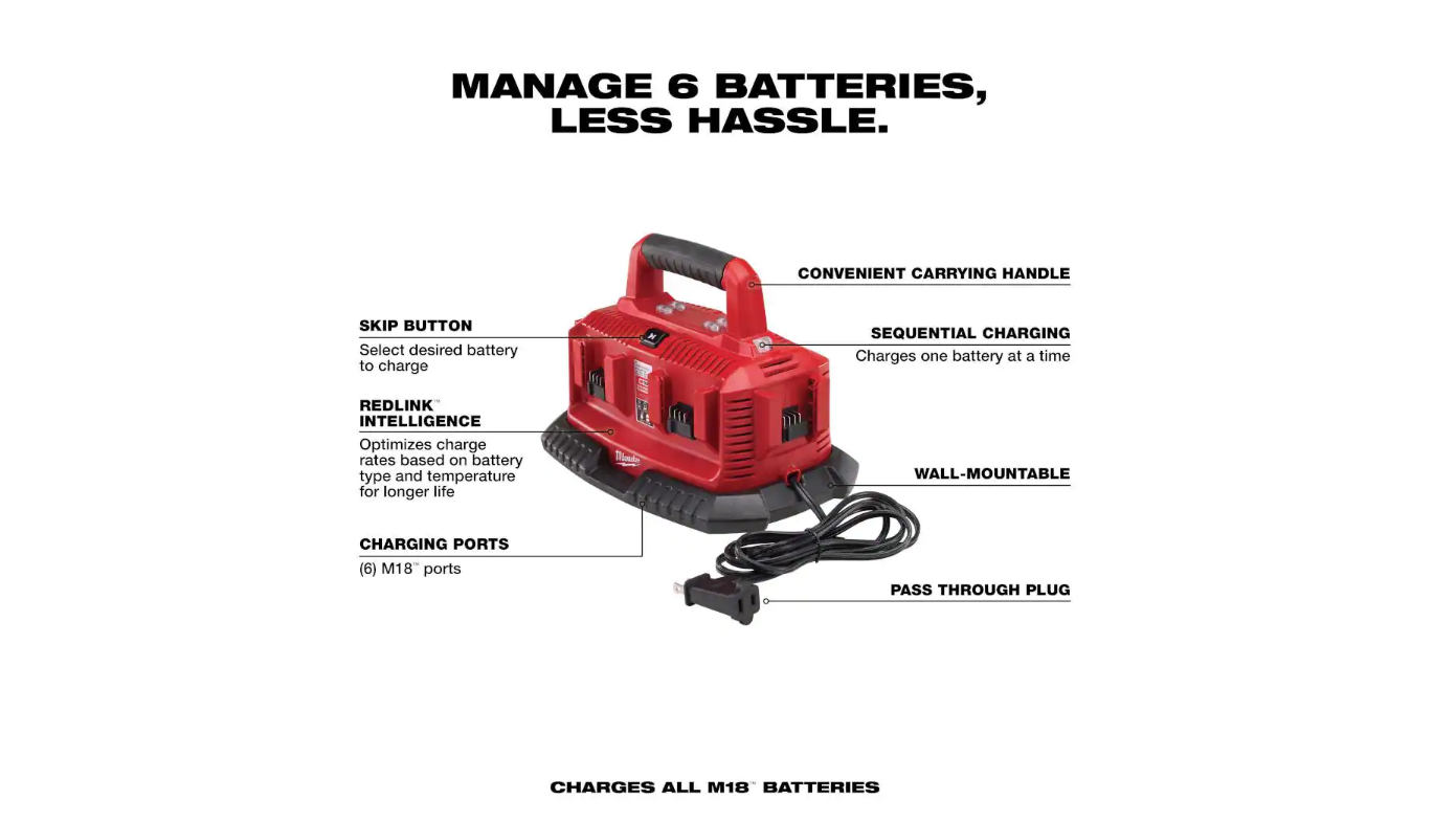 Milwaukee 48-59-1806 M18 18-Volt Lithium-Ion 6-Port Sequential Battery Charger