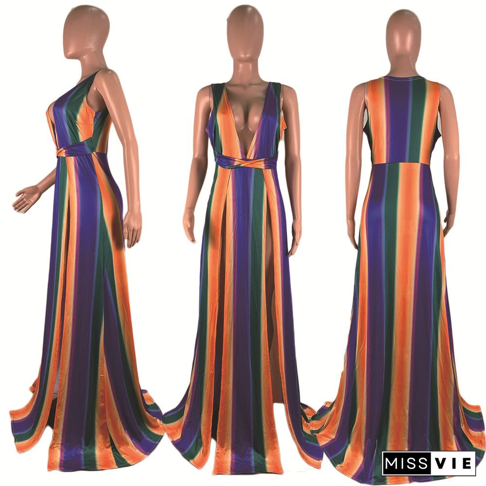 Sexy Rainbow Striped Print Deep V Neck High Slit Maxi Dress