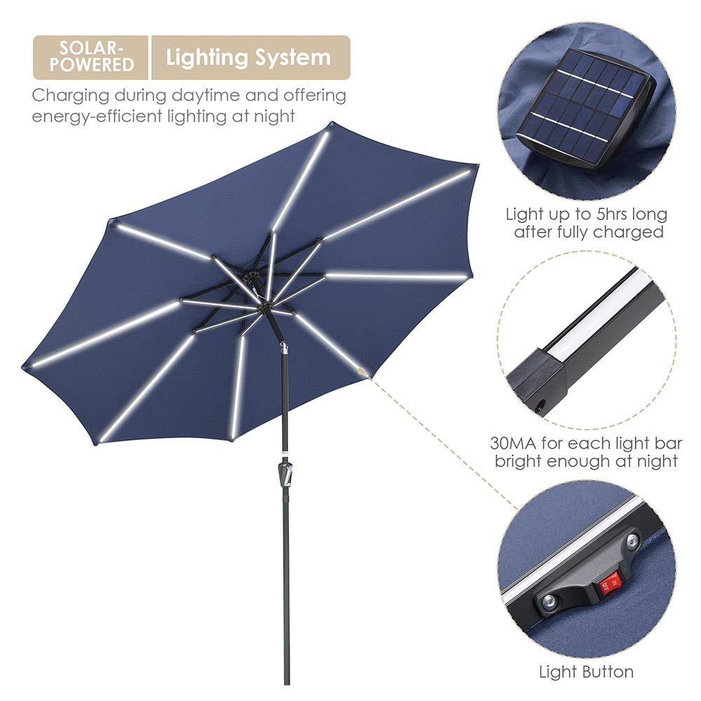 Yescom Tilt Outdoor Umbrella with Lights Solar Pool Umbrella 10 ft 8-Rib