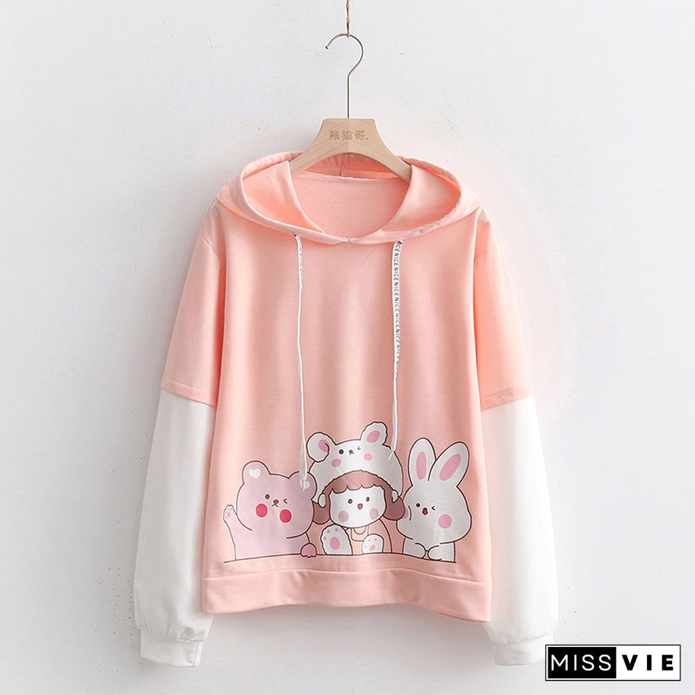 Colorblock Cartoon Rabbit Print Hoodie