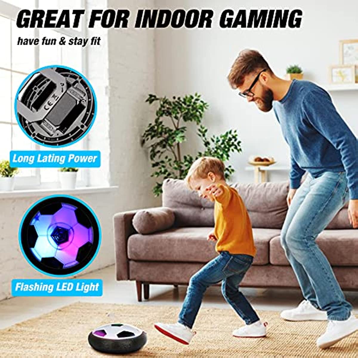 Ruohey Hover Soccer Ball Toys  LED Hover Ball with Foam Bumper Inflatable Soccer Toys Indoor Battery Operated Air Floating Hovering Disc for Girls and Boys, Soft Foam Bumpers, Ages 3-13