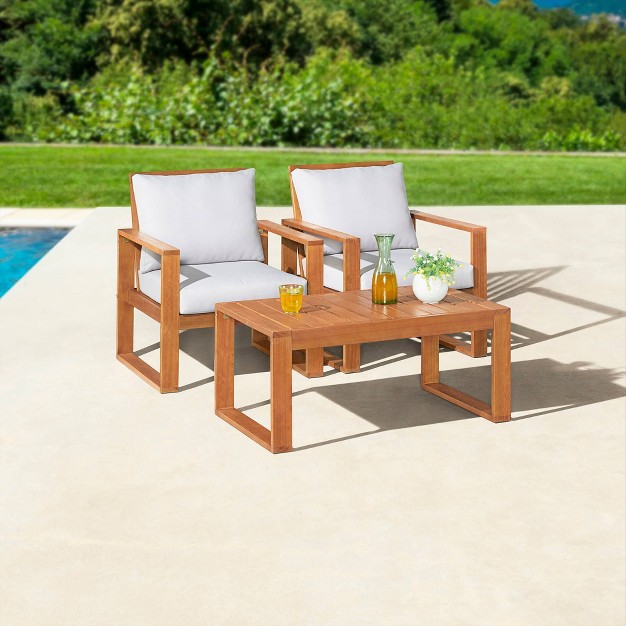 Grafton 3pc Eucalyptus Wood Outdoor Conversation Set With Rectangle Coffee Table Natural Alaterre Furniture