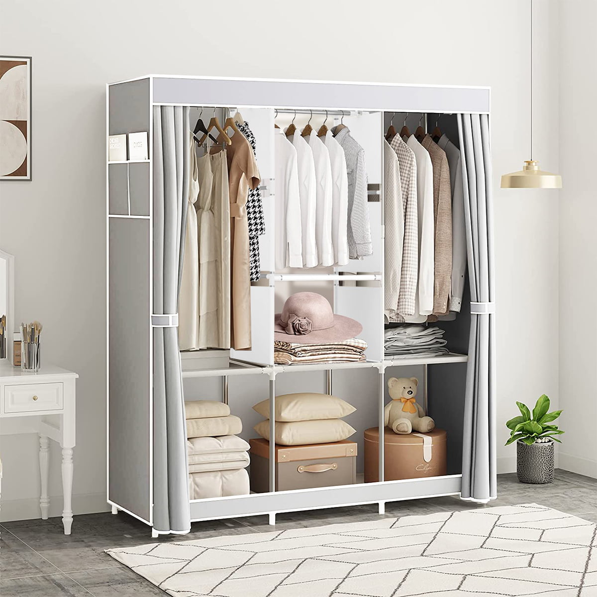 Portable Closet,ZPL Portable Wardrobe with 3 Hanging Rods and 7 Storage Shelves, Stable and Easy Assembly Grey Portable Closets for Hanging Clothes with Side Pockets