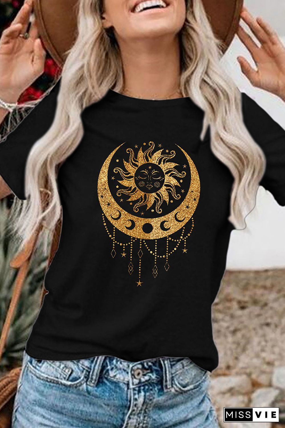 Sun and Moon Printed Graphic Tees for Women Wholesale Short Sleeve T shirts Top