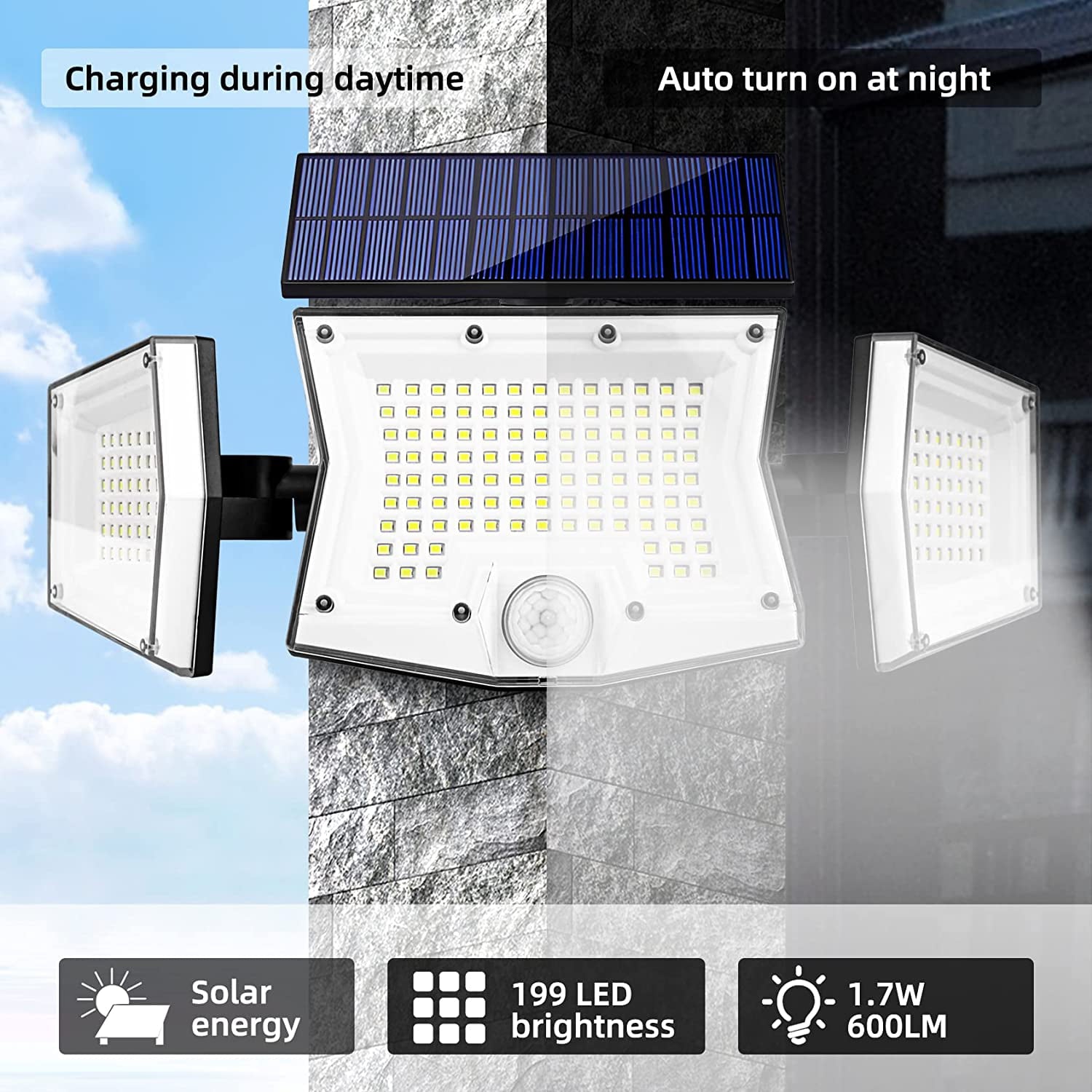 Ucgg 2 Pack Solar Lights Outdoor 3 Mode Lighting 266 LED 2500Lm Solar Flood Security Lights 270° Adjustable 3 Head with Motion Sensor IP65 Waterproof