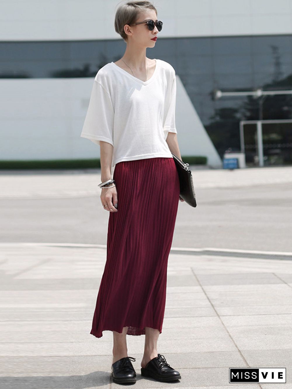 Casual Solid Color Elasticity Waist Pleated Skirts