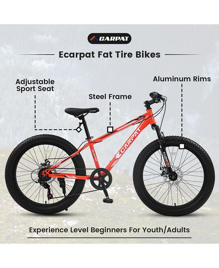 Simplie Fun S24109 Elecony 24 Inch Fat Tire Bike Adult Youth Full Shimano 7 Speeds Mountain Bike， Dual Disc Brake， High-Carbon Steel Frame， Front Suspension， Mountain Trail Bike， Urban Commuter City Bicycle