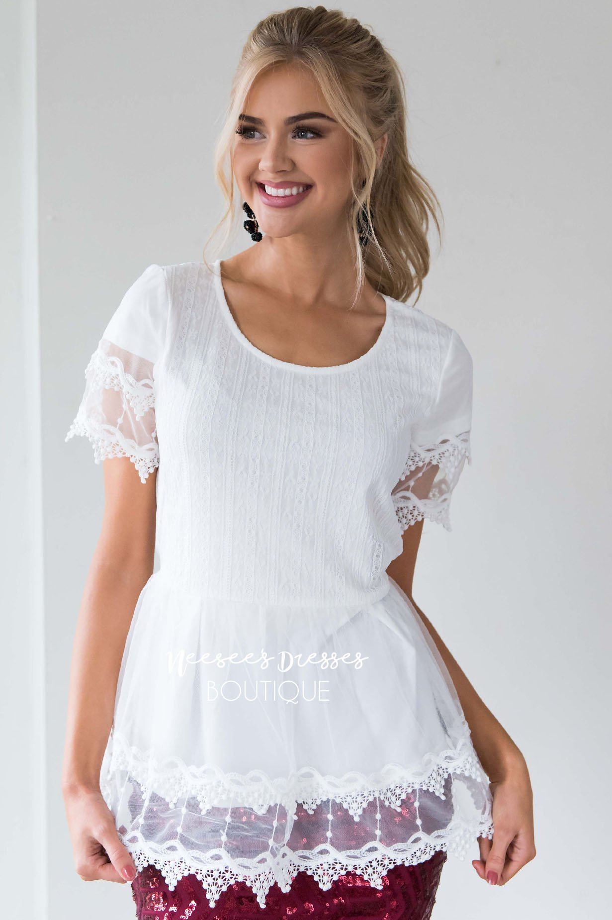 Scallop Lace Tulle Peplum Blouse