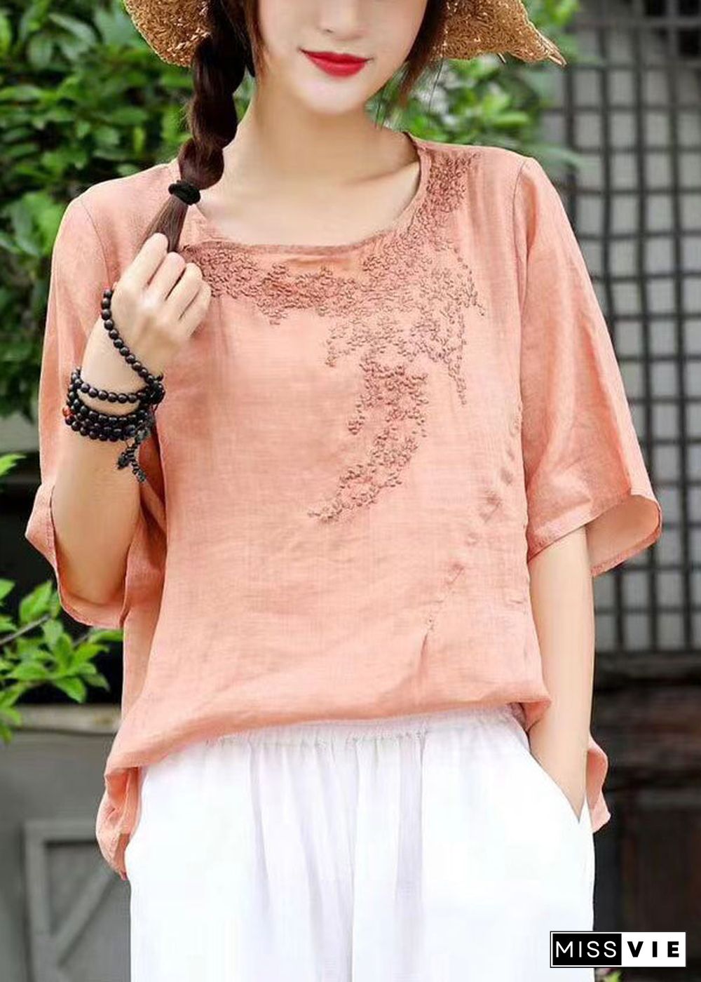 Women Orange O-Neck Embroideried Linen Shirt Top Short Sleeve