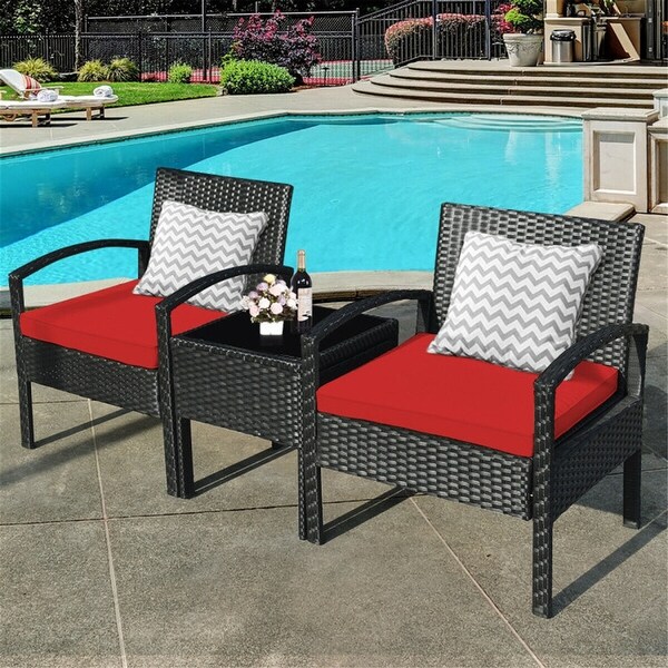 3 Pieces Outdoor Rattan Patio Conversation Set with Seat Cushions -  - 37563811