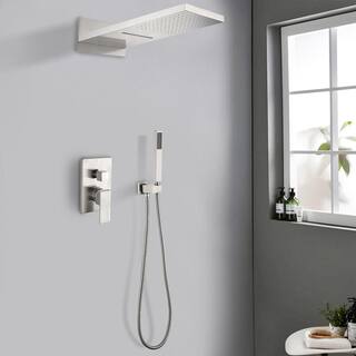 FORCLOVER 2-Spray Waterfall High Pressure Wall Mounted Shower System with Handheld Shower in Brushed Nickel FRIMFTHS011BN