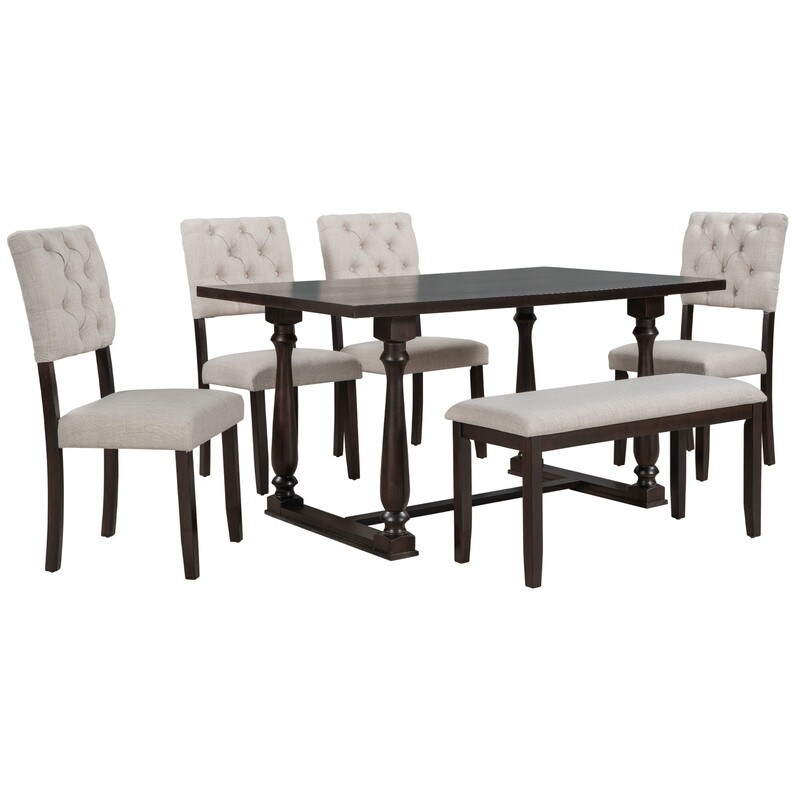 6 Piece Dining Table and Chair Set with Special shaped Legs and Foam covered Seat Backs   Cushions