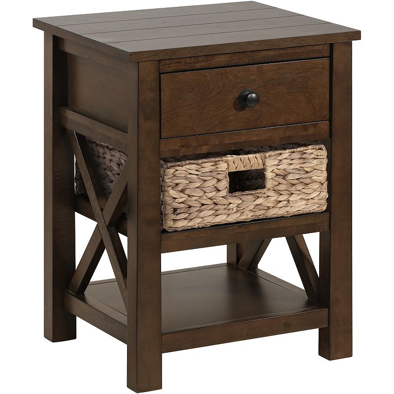 eHemco X-Side Solid End Table Nightstand with Drawer， 2 Storage Shelves and Wicker Basket