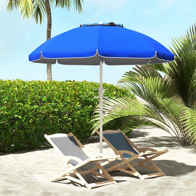 Outsunny 5 7 x27 Beach Umbrella With Cup Holders Hooks Vented Canopy Portable Outdoor Umbrella Blue