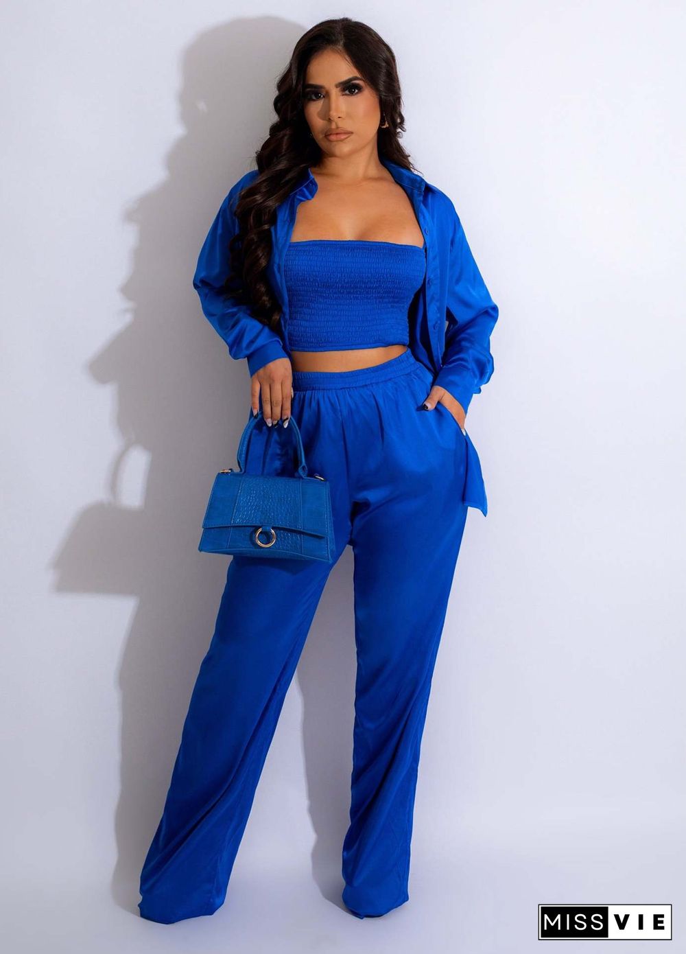 Solid Shirt Strapless Crop Top Wide Leg Pants 3 Piece Set