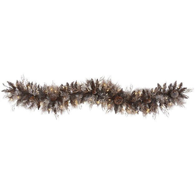 Nearly Natural 6 x27 Pre lit Led Flocked Mixed Pine With Pinecones Artificial Christmas Garland Brown With Warm White Lights