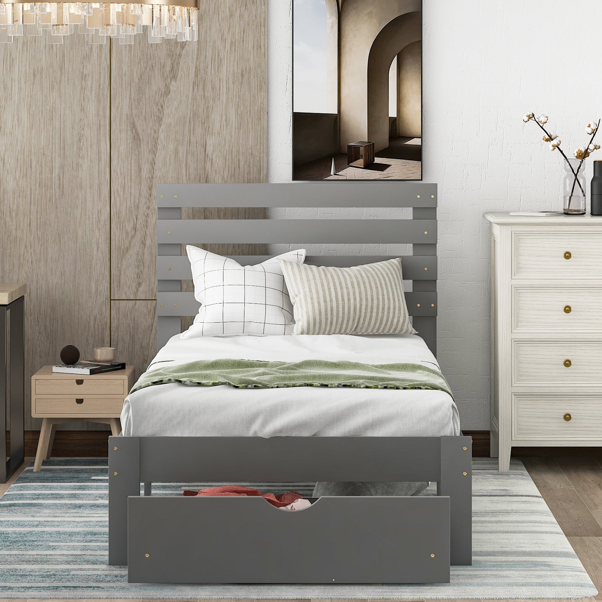 Euroco Twin Wooden Platform Bed with Drawer for Kids, Gray