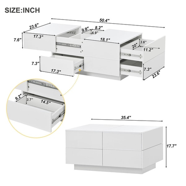 Extendable Coffee Table w/4 Drawers and Sliding Top， High-gloss Center Table