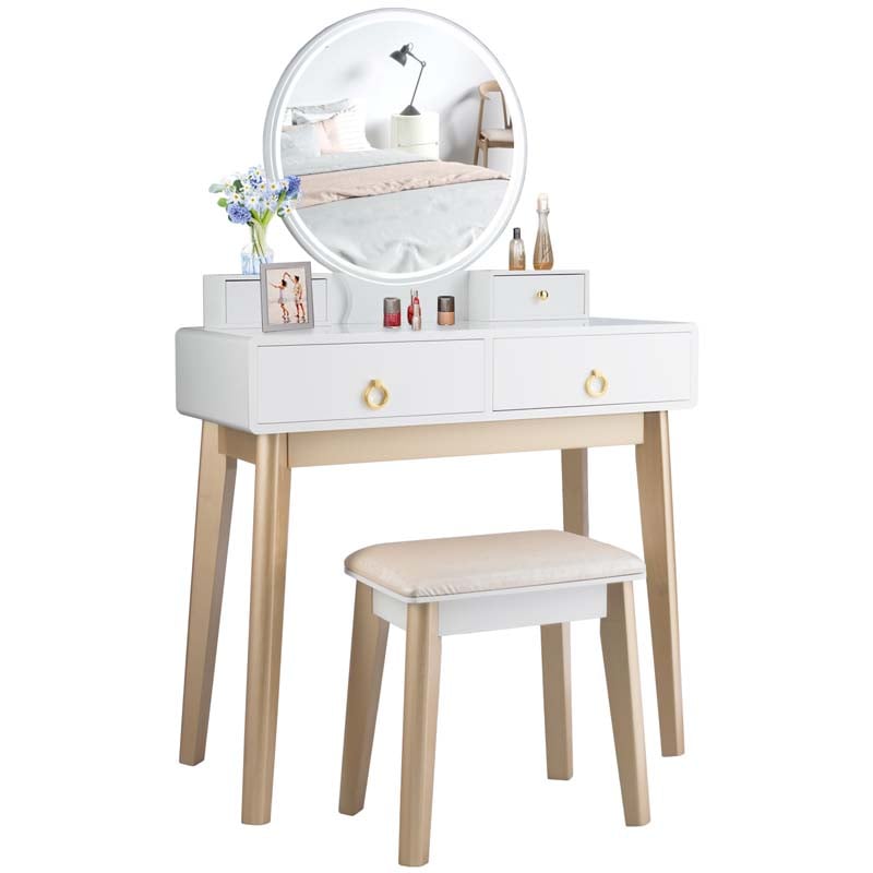 Modern Makeup Vanity Set with Touch Screen Dimming Mirror and 3 Color LED Lighting Modes, Jewelry Divider Dressing Table