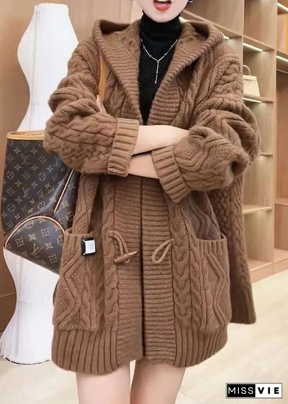 Elegant Chocolate Colour Button Cable Knit Sweaters Coats Fall