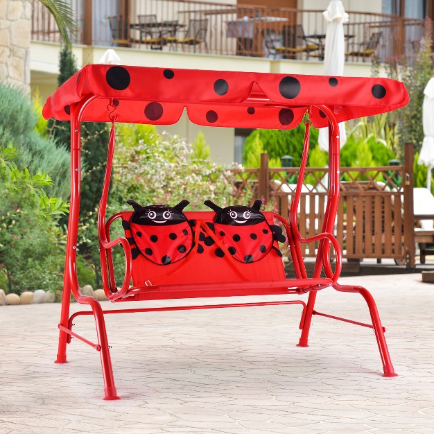 Costway Kids Patio Swing Chair Children Porch Bench Canopy 2 Person Yard Furniture Red