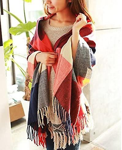 Women's Fashion Long Shawl Big Grid Winter Warm Lattice Large Scarf Orange Red -