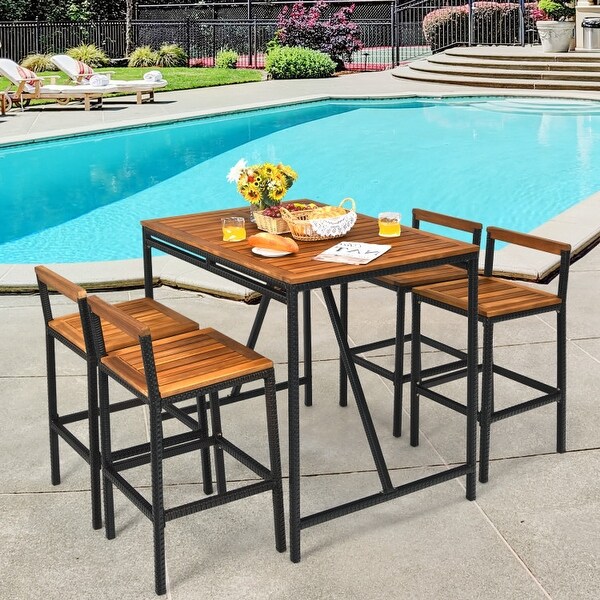 5Piece Outdoor Acacia Wood and PE Rattan Bar Set