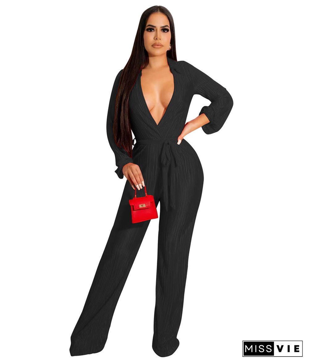 Casual Pleated High Elastic Belt Lapel Jumpsuit