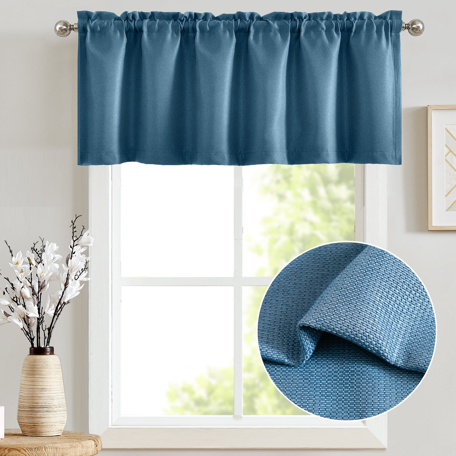 CURTAINKING Window Valance Basket Weave Textured Kitchen Valance for Bathroom Room Darkening Valance Curtain Rod Pocket Blue 1 Panel W50 x L18