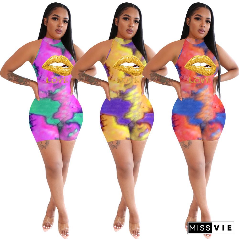 Women Sport Tie Dye Lips Print Sleeveless Bodycon Jumpsuit