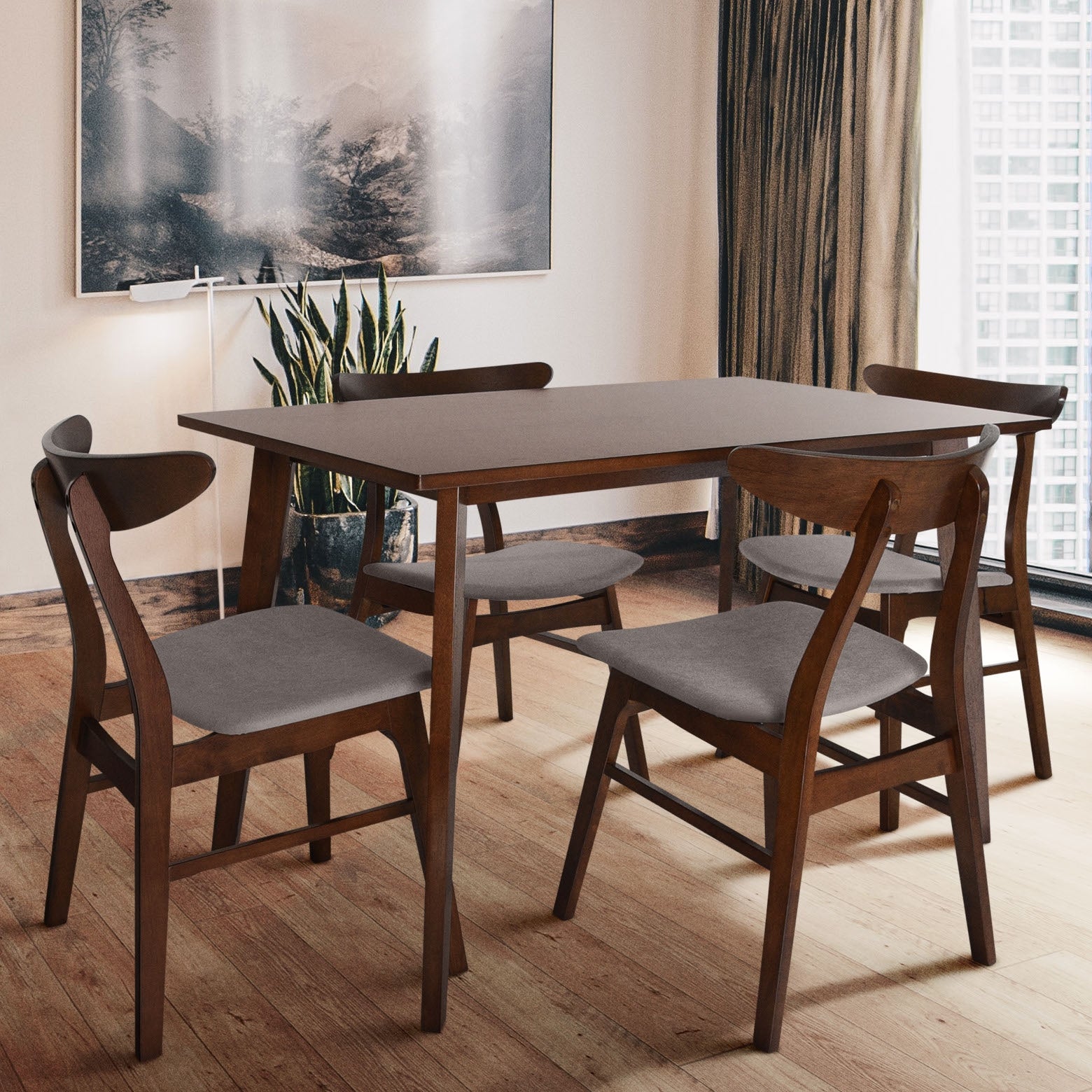 Zenvida Mid Century 5 Piece Dining Set Wood Table Fabric Chairs Seats Four