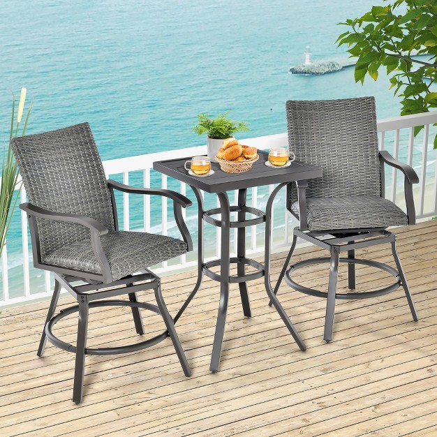 Costway 3pcs Patio Rattan Bar Table Stools Set Aluminum 360 Swivel Chairs With Padded Seat