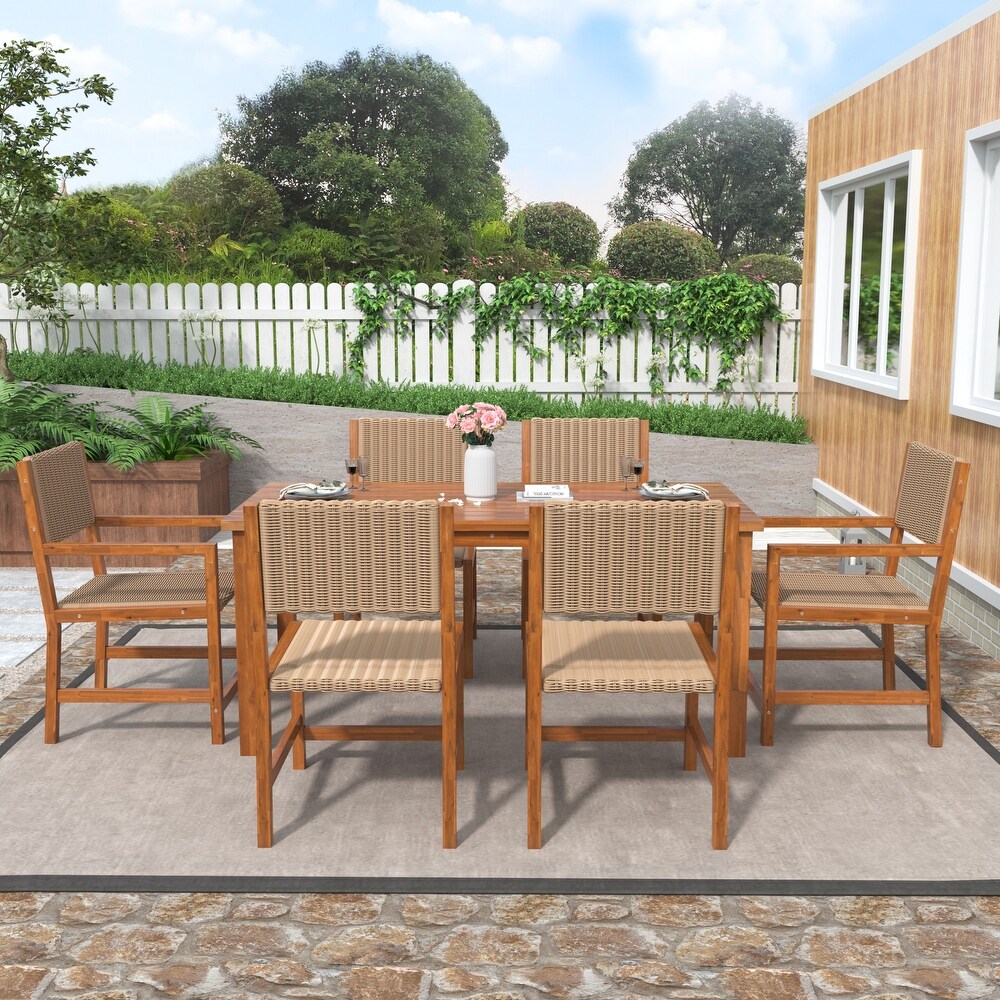 6 Person Acacia Wood and Rattan Outdoor Dining Table and Chairs Set