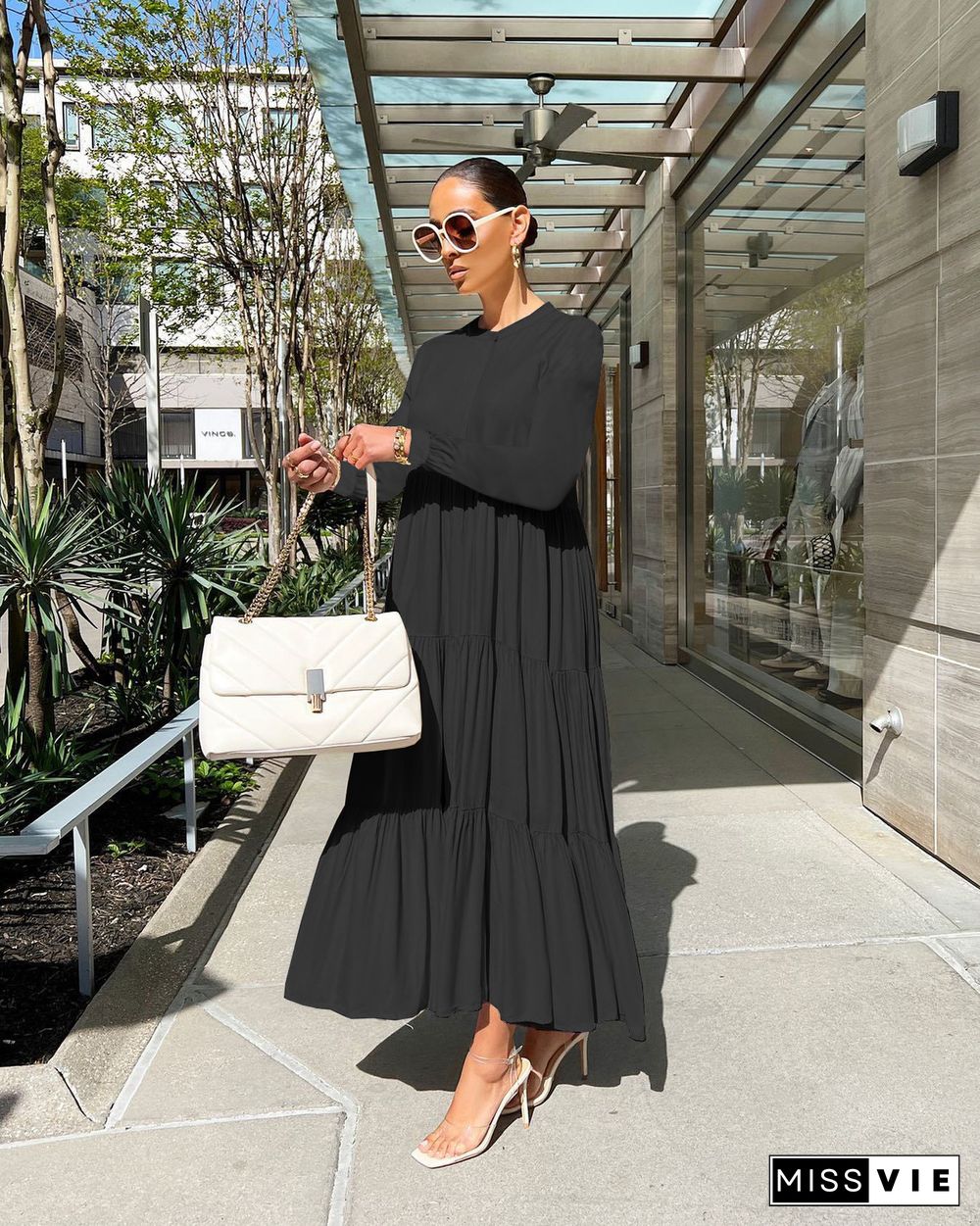 Solid Long Sleeve Loose Fitting Pleated Maxi Dresses