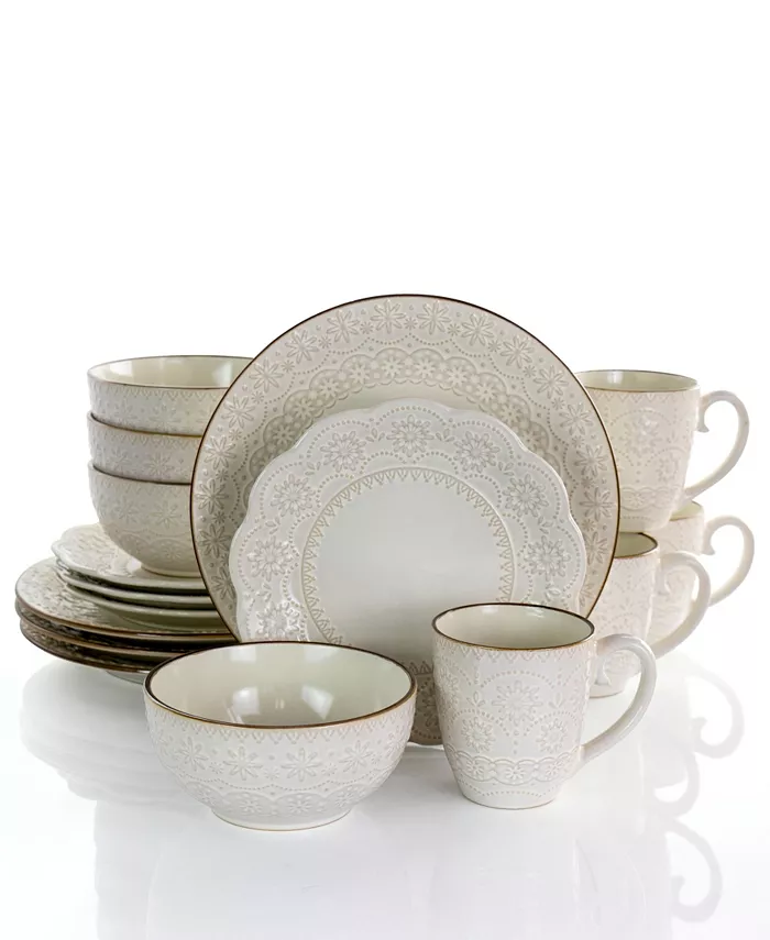 Elama Sophie Embossed Scalloped 16 Piece Stoneware Dinnerware Set Service for 4