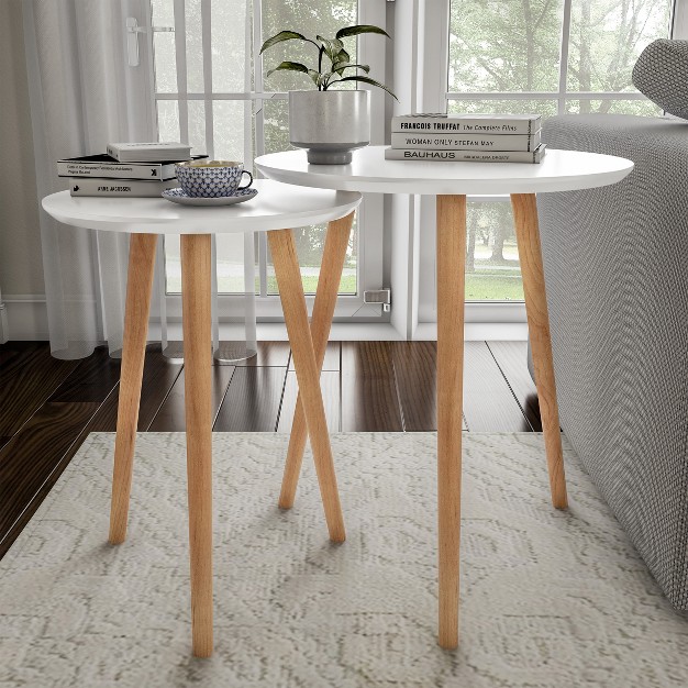 Hastings Home Nesting End Tables Mid century Modern Wood Accent Table With Circular Top Set Of 2 White natural