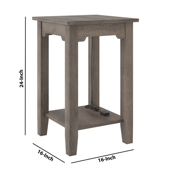 Wooden Side End Table with 2 USB Ports and Power Cord， Weathered Brown