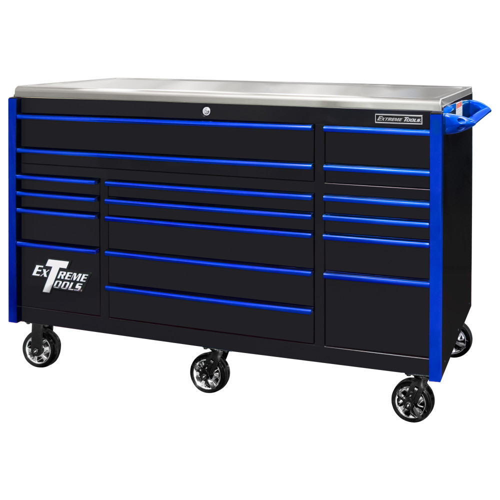 Extreme Tools 72 Black Roller Cabinet with Blue Drawer Pulls