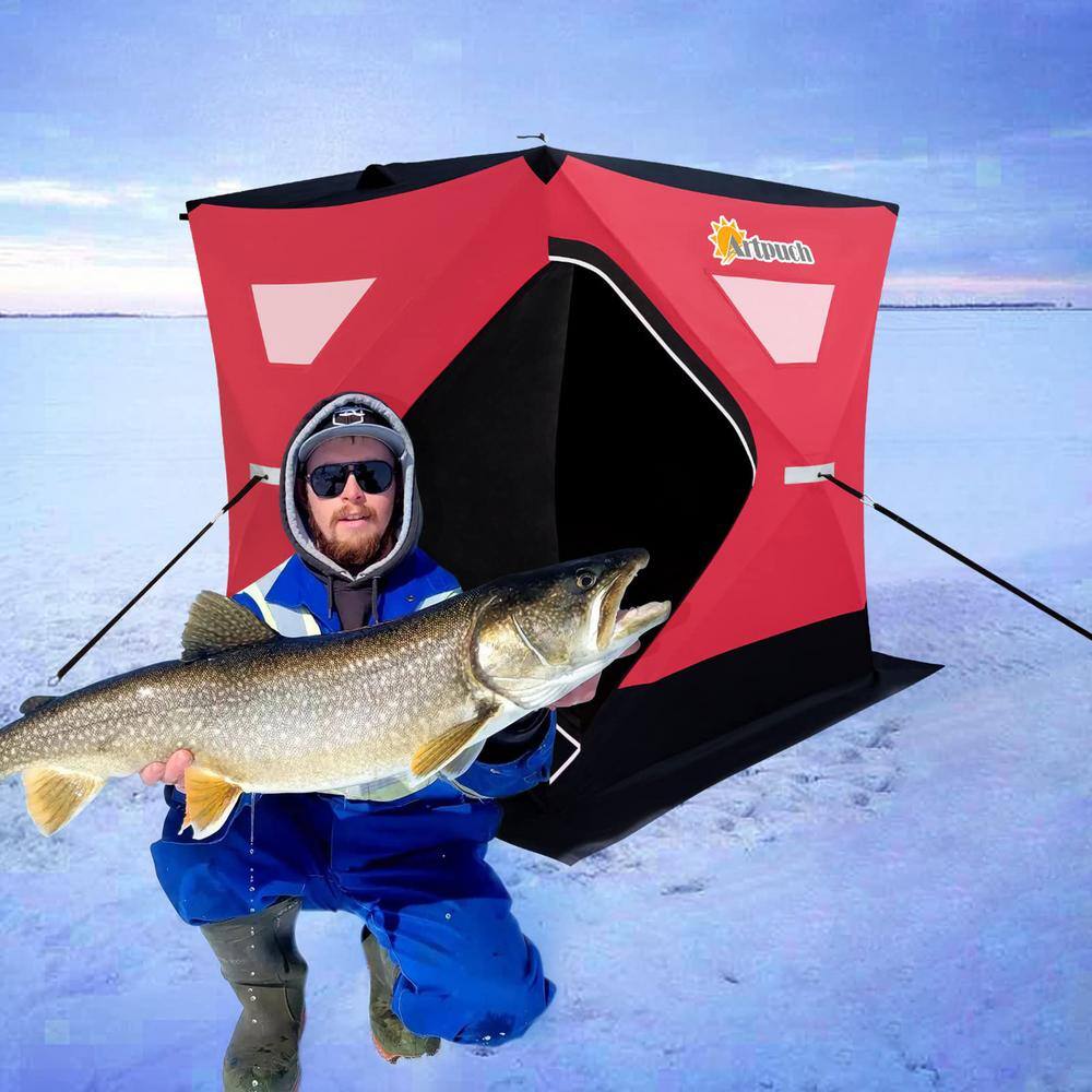 Artpuch 3-Person to 4-Person Portable Pop-up Ice Fishing Shelter Tent with Floor Mat Anchors Tie Ropes Carrying Bag AP-Ice Fishing
