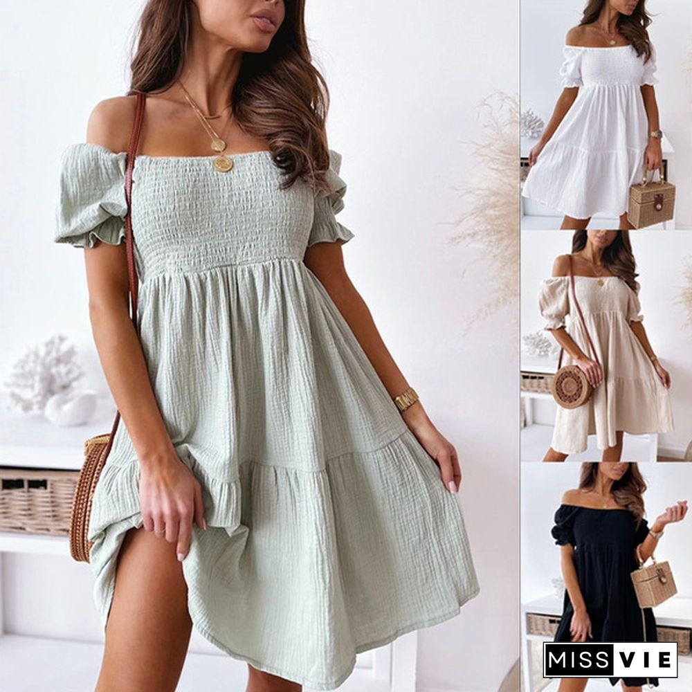 Women Summer Casual Dress Slash Collar Off Shoulder Short Sleeve Beach Dress Plus Size Mini Dress