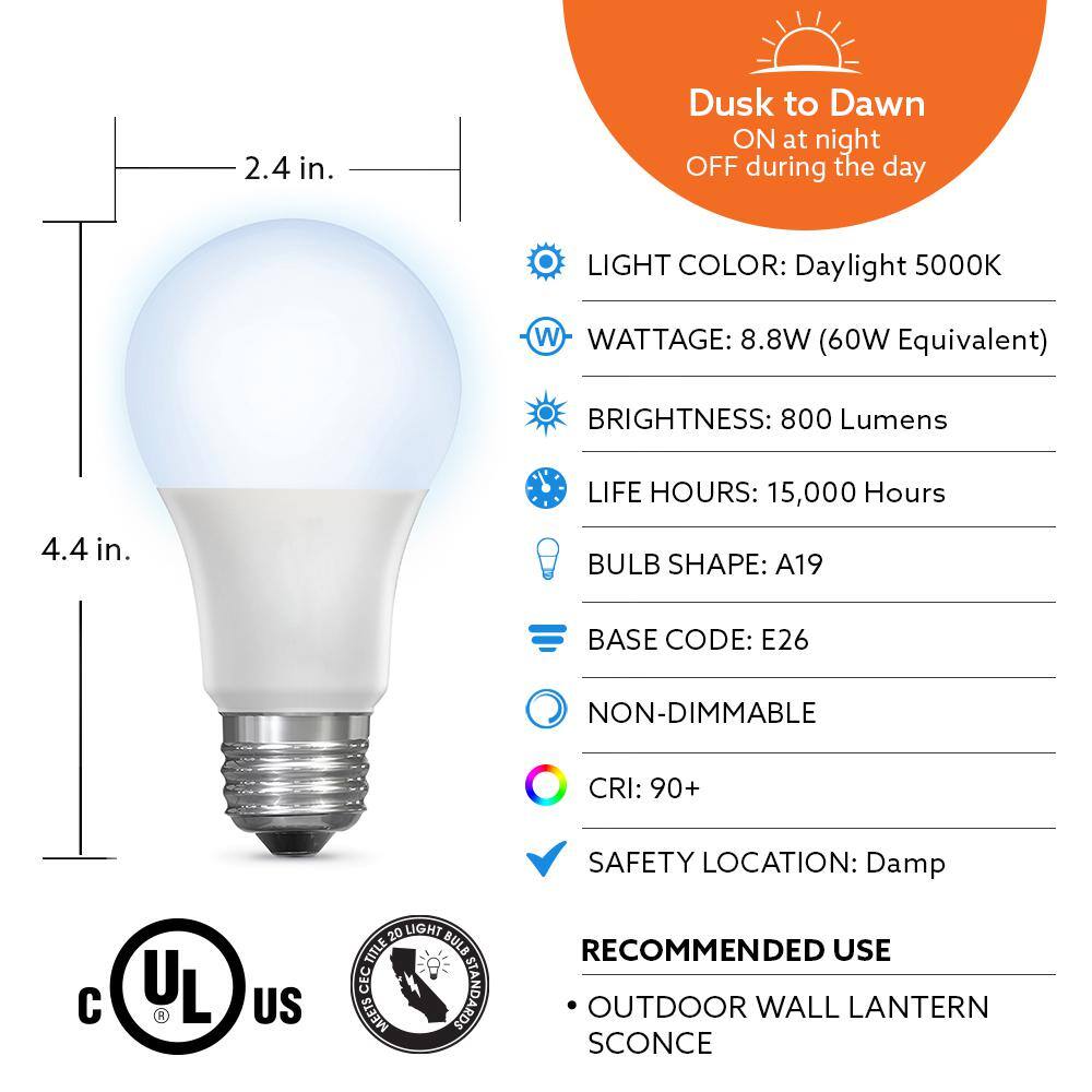 Feit Electric 60-Watt Equivalent A19 IntelliBulb Dusk to Dawn CEC Title 20 Compliant 90+ CRI LED Light Bulb Daylight 5000K A800950CADDLEDI