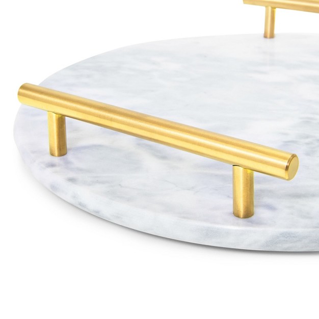 Juvale Round Marble Tray For Vanity With Handles White Marble And Gold Serving Board For Kitchen Home Decor Centerpiece Display 10 7x10 7x0 4 In